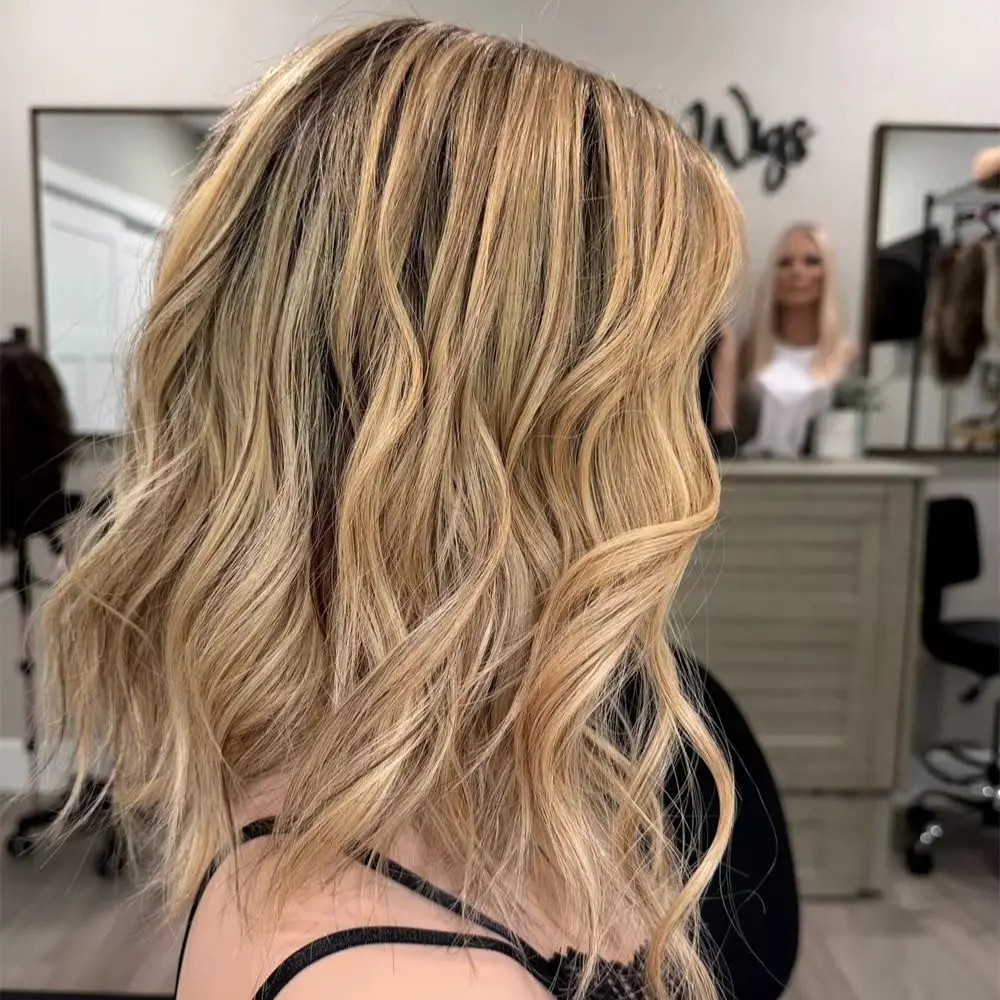 Wig Female 13x4 Ombre Golden Blonde Brown Natural Wig Synthetic Fibre Mixed Human Hair Wig Short Wave Bob Preplucked Hairline