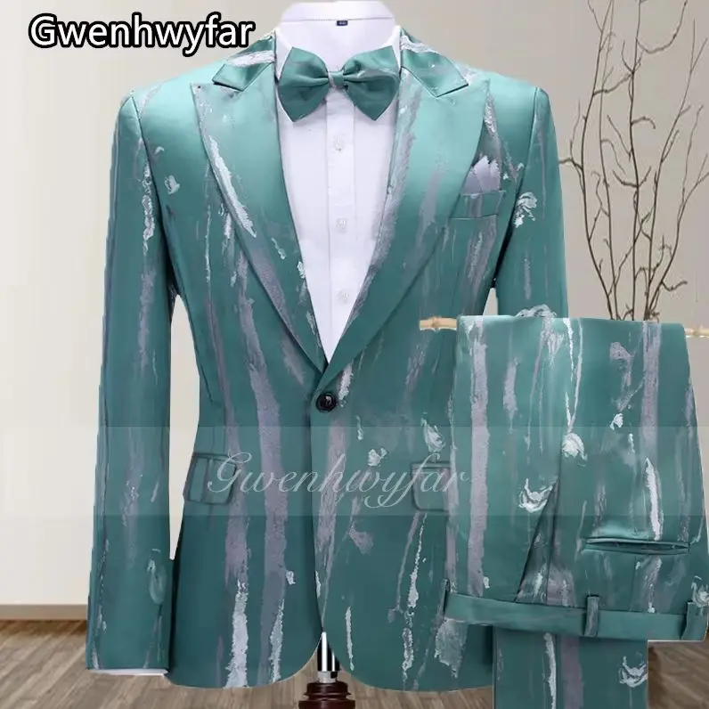 

Gwenhwyfar Men Jacket Suit Pants One Button Teal Printted Tuxedos Youthful Wedding Groom Dress Suit The New Listing Prom Costume