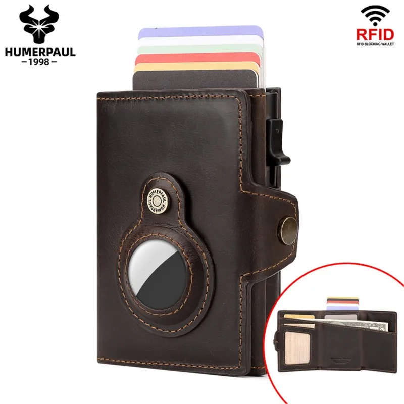 Men's Genuine Leather Luxury Wallet RFID Blocking AIRTAG Anti-Loss Multi-Card Slot Automatic Card Issuance Credit Card Holder
