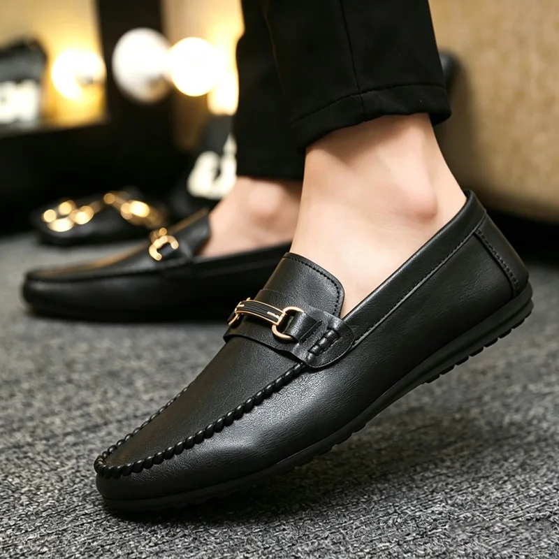 Classic Black Leather Loafers For Men Big Size 46 Breathable Slip on Casual Shoes Man Lazy Shoes Comfy Flat Men's Office Shoes