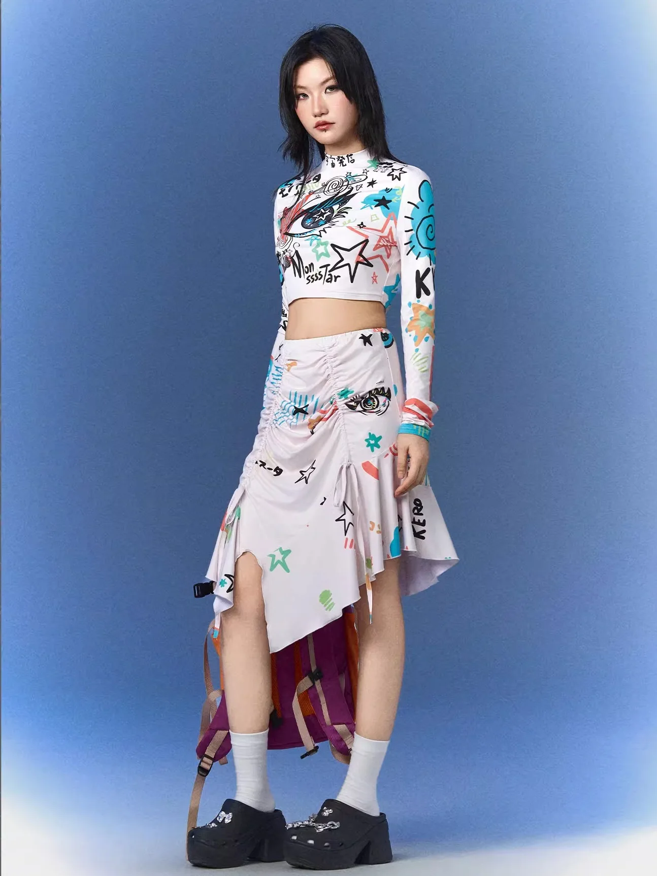 

Оригинальный комплект Monsssstar: футболка с принтом «Большие глаза» и юбка — модный женский костюм из двух предметов