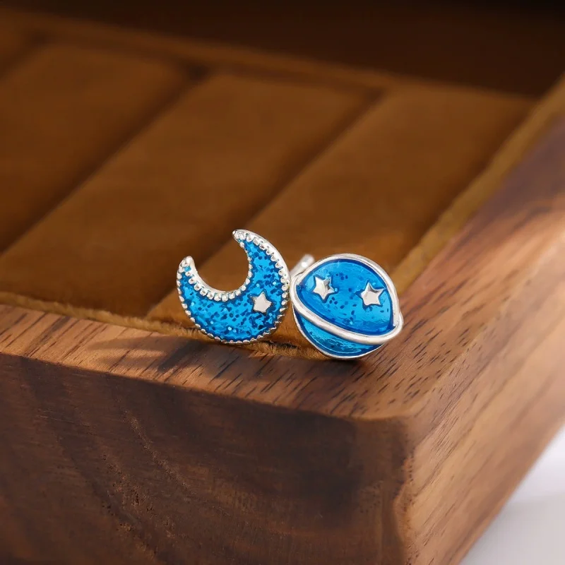 Uini-Tail hot new 925 sterling silver blue planet creative stars moon asymmetrical earrings Korean personality simple fashion