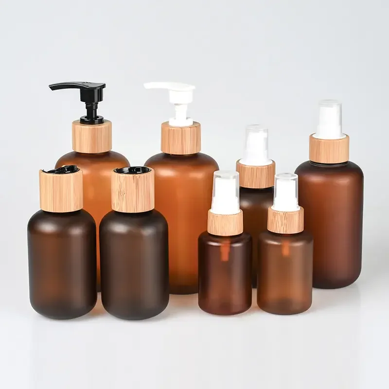 

Cosmetics Cream Serum Container Fat Frosted Amber Plastic PET Lotion Bottle Plastic Bottle Bamboo Wood Lotion Pump Cap Skincare