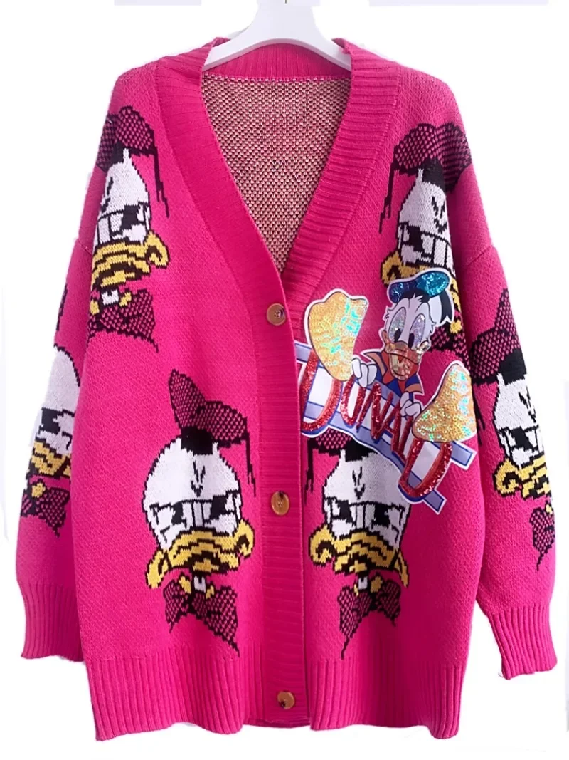 2024 Autumn Clothing Fashion Knitwear Heavy Handmade Sequined Cartoon Age-reducing Rose Red Thickened Sweater Cardigan Jacket