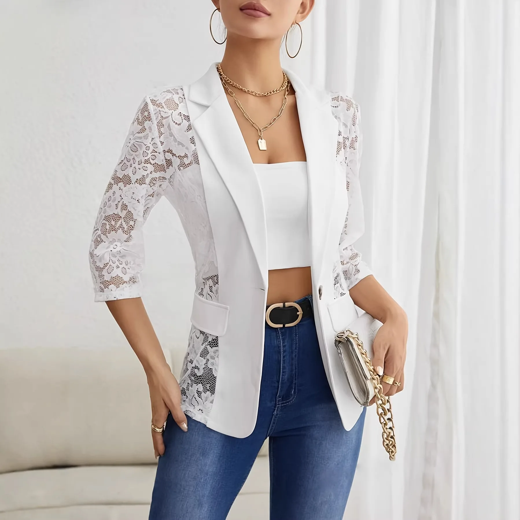 2026 Spring New Elegant Solid Color Fashion Lace Patchwork Blazer Women's Top Summer Dresses 2026 Sexy Vestidos Robe Midi