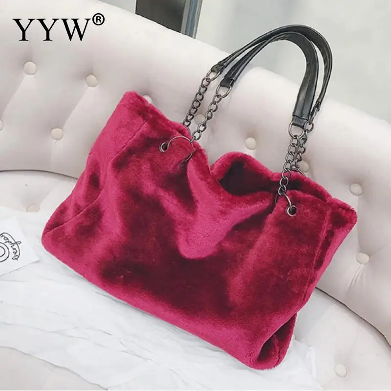 Female Winter Faux Fur Plush Tote Bag Women'S Bag Designer Large Capacity Luxury Handbag Shoulder Bag Purses Female Satchel Bags