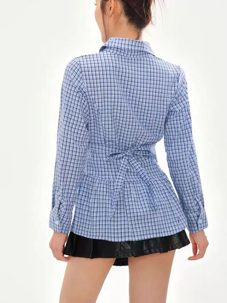 Geruite shirts voor dames herfst chic losse enkele rij knopen met veters Y2K Koreaanse baggy preppy blouse met lange mouwen mujer