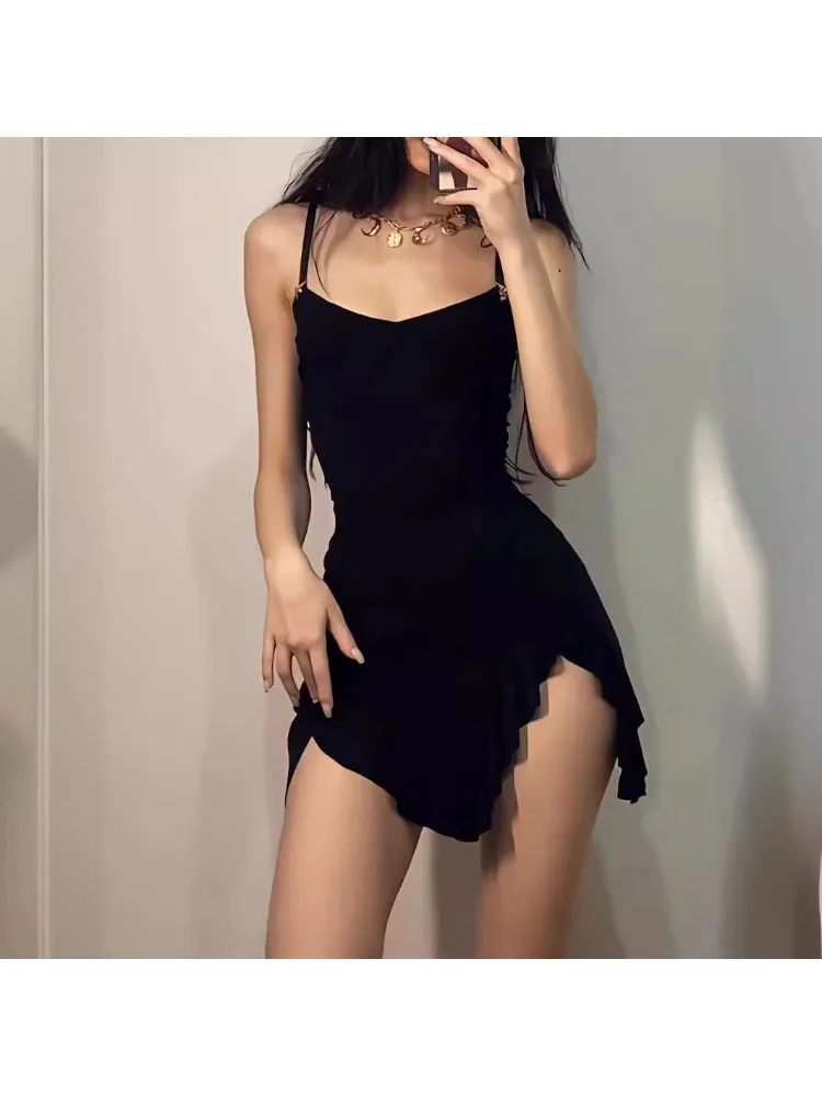 

Summer Sexy Mini Dress Women Sleeveless Streetwear Strap Backless Folds Split Dress Party Club Elegant A- LINE Dresses