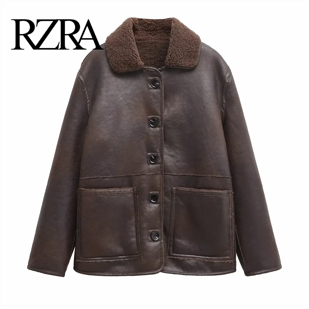 RZRA Women's Autumn/Winter New Product Fashionable Loose Leather Fleece Double Sided Cotton Jacket Top