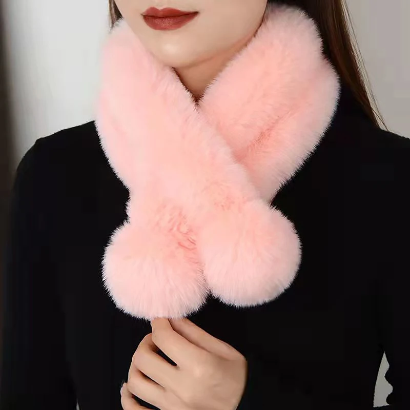 Faux Rabbit Fur Sweet Plush Ball Women Lolita Neckerchief Furry Scarf Wrap Winter Neck Warmer Thickened Plush Unisex Scarf Wrap