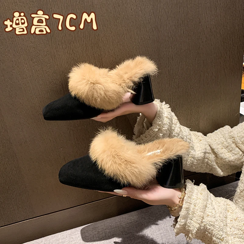 

Warm Real Rabbit Hair Slippers Women Shoes Winter Square Toe Luxury Real Fur Square Heel Lady Mujer Indoor Slide