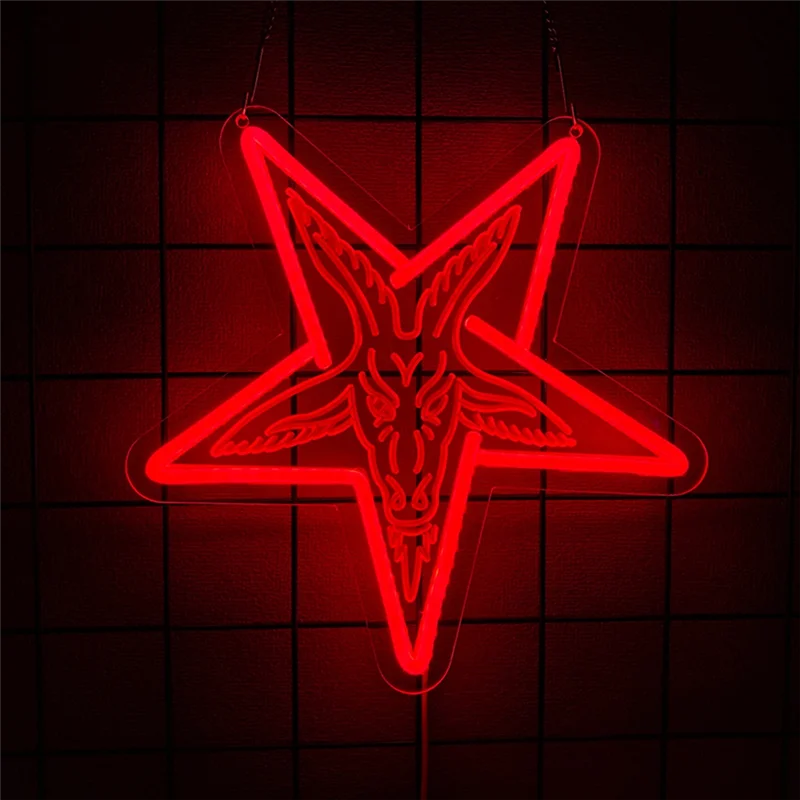 โคมไฟติดผนังแบบโกธิค ABPQ-Baphomet สีนีออน ดีไซน์รูปดาวห้าแฉกสามมิติและแบบคว่ำ ตกแต่งผนังบ้าน