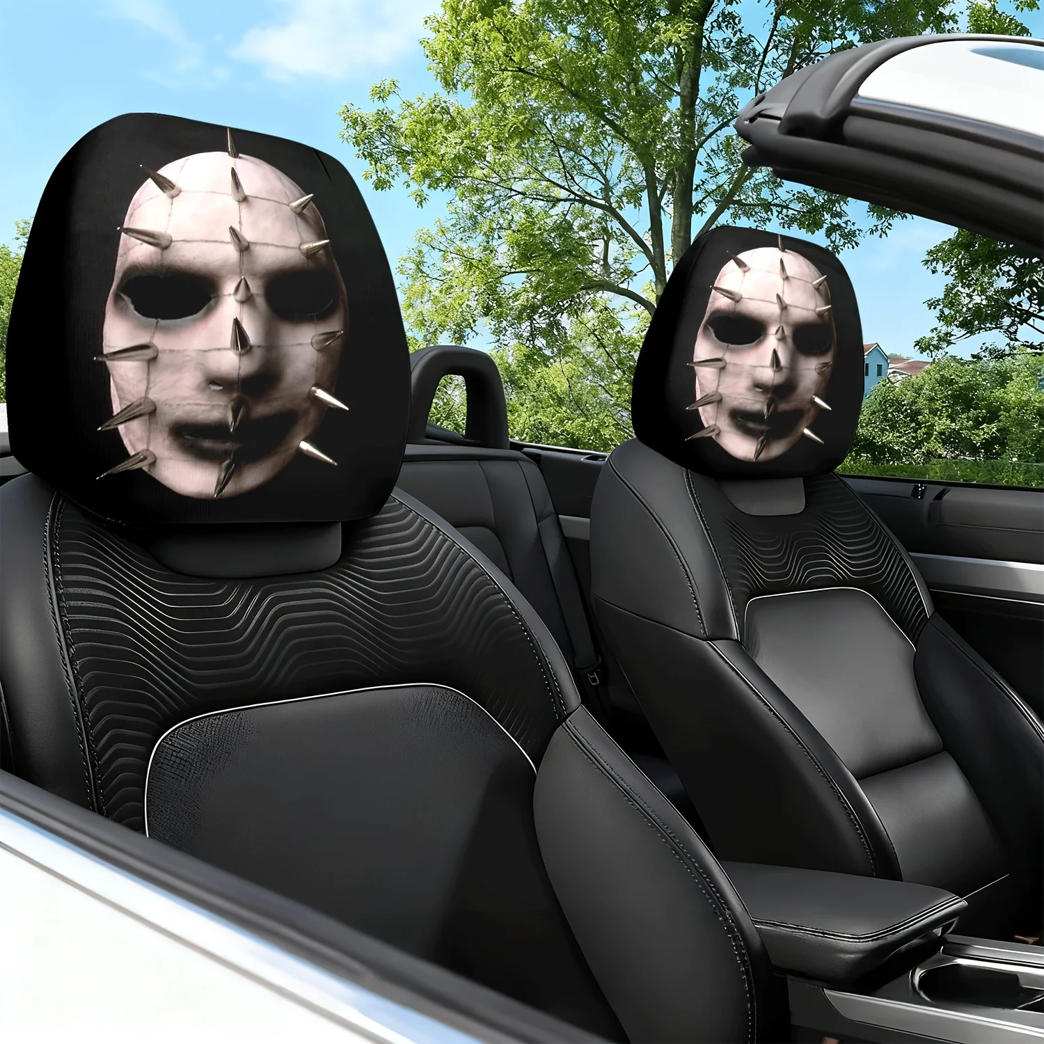 2 masques à thème sombre qui allient horreur et art dans un motif imprimé pour les coussins de siège de voiture, les appuie-têtes et les oreillers de nuque - Featur