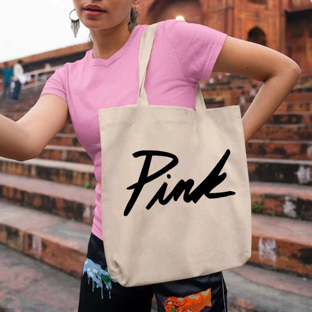 Bolso de lona con estampado de logotipo rosa para mujer, bolsa grande para viaje, oficina, universidad, bolsa de comestibles, resistente y bonita