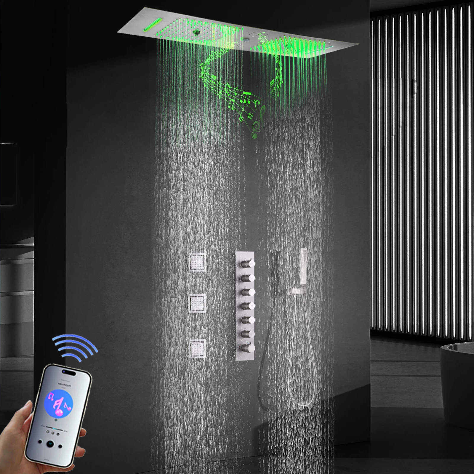 LED Shower System with Music Speaker 36*12 InchLED Shower Head Bathroom Waterfall Thermostatic Shower System Set