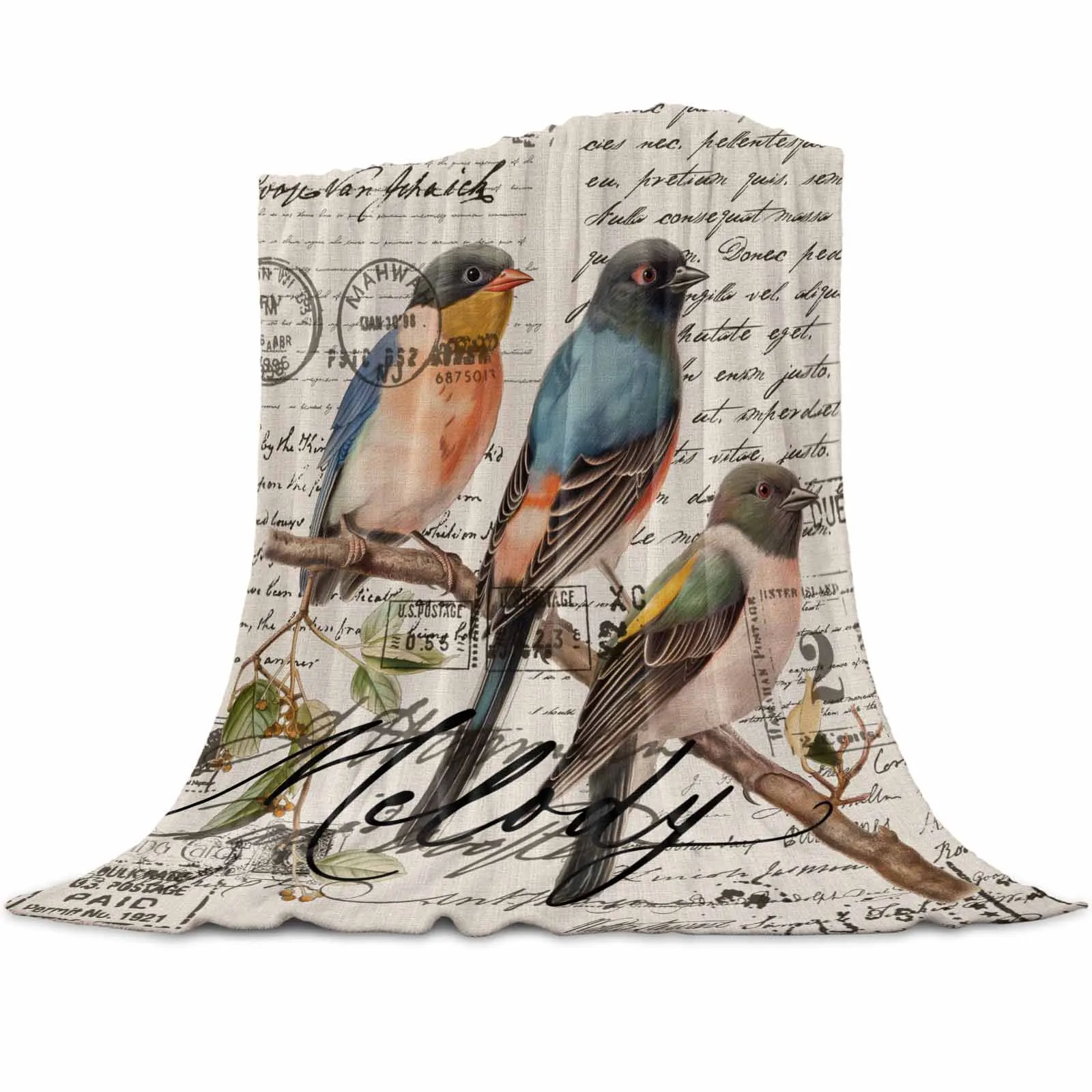 Vintage Bird Hand Drawn Envelope Blankets Portable Soft Throw Blanket for Bed Office Bedspread Home Decor Flannel Blanket