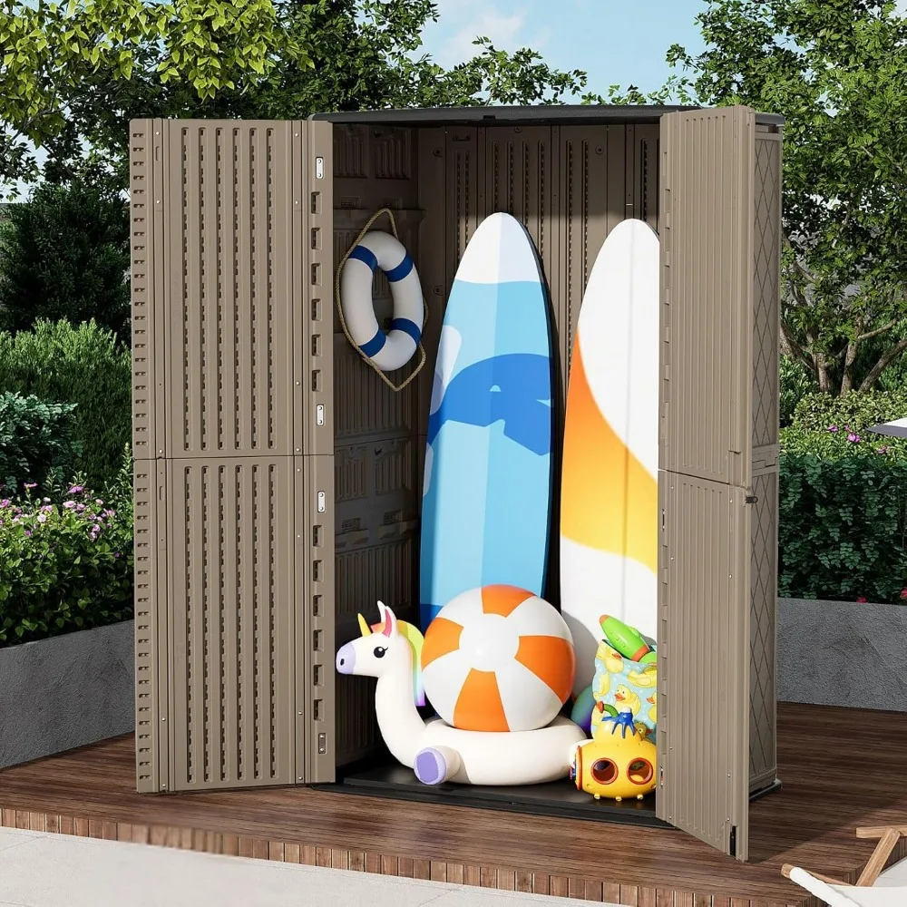 سقيفة تخزين خارجية مقاومة للماء، خزانة راتينج بطول 67 قدم مكعبًا، متينة لأثاث الفناء وأدوات الحدائق وتخزين النفايات