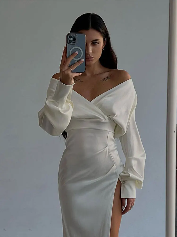 Women Sexy Solid Satin One Shoulder Split Dress Fashion V Neck Long Sleeve Slim Fit Dresses Female Evening Party Club