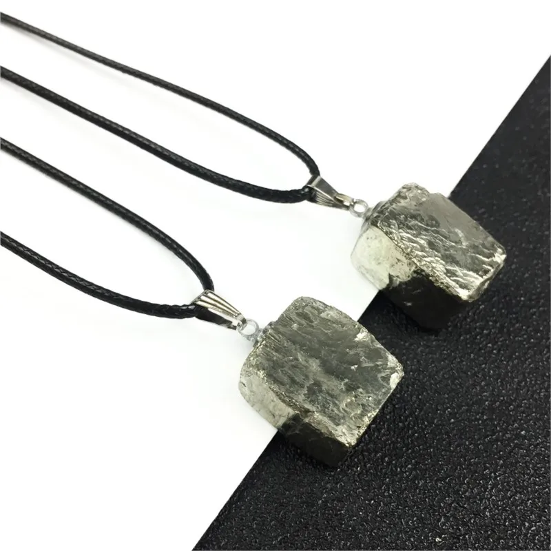 Natural pyrite raw stone irregular square pendant chalcopyrite Fool stone flash ore necklace Energy Healing  Jewelry Vintage