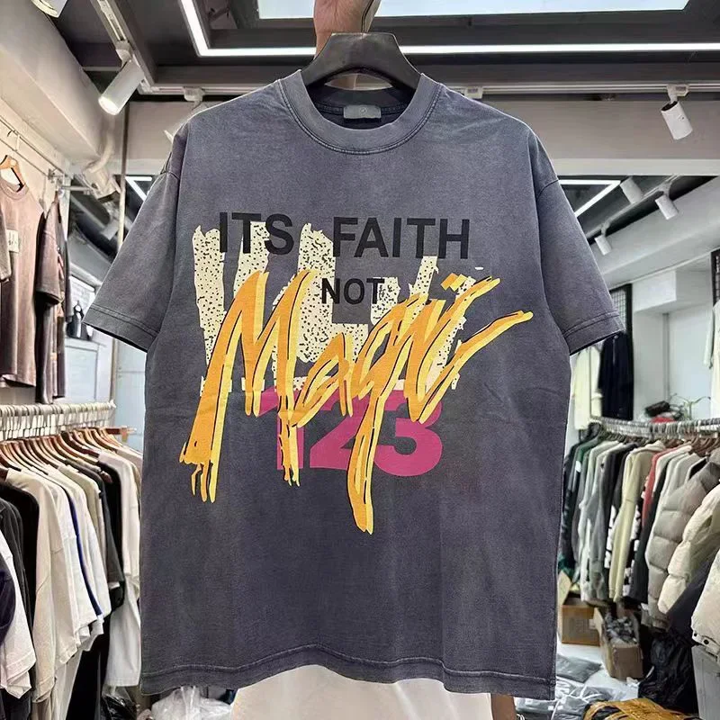 Graffiti Letter 123 Printing New T-shirt Men Woman Heavyweight Wash Vintage Loose Hip Hop Casual Top Tees