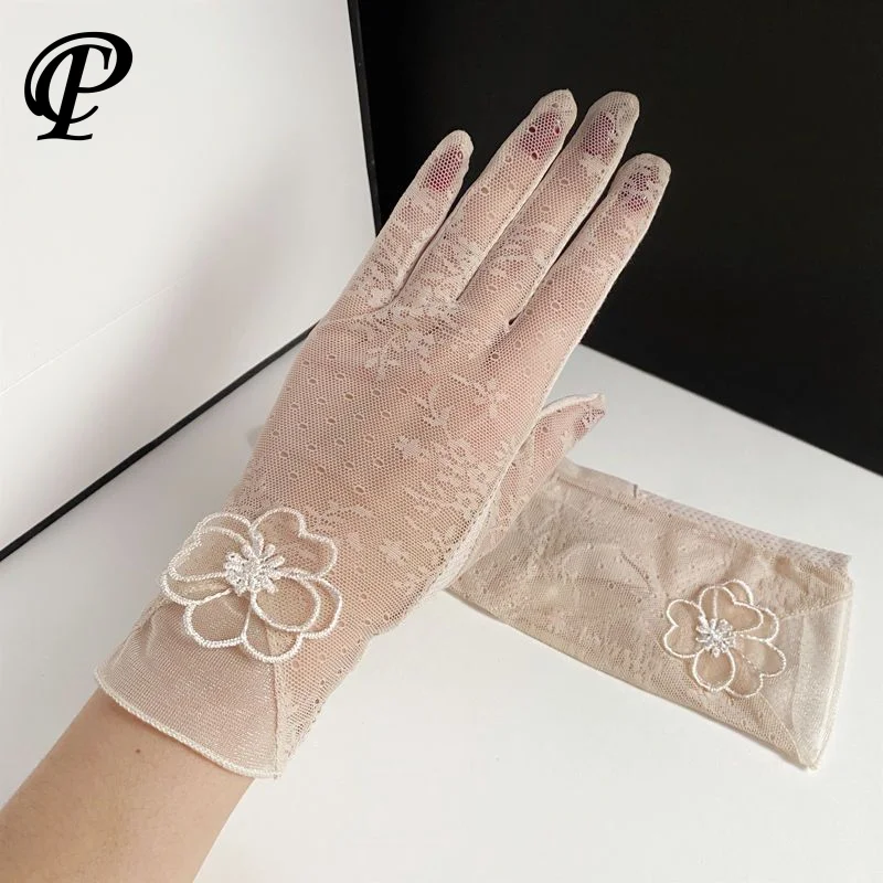 

Женские кружевные солнцезащитные перчатки для езды на велосипеде, противоскользящие дышащие летние ледяные мягкие анти-УФ-защитные элегантные тонкие аксессуары для велосипеда с цветком