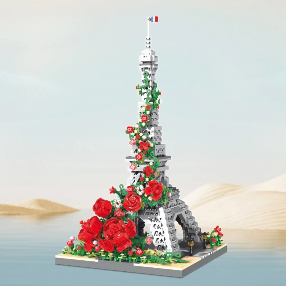 

MOC Red Rose Eiffel Flower Tower Building Blocks Set With Light Bricks Desktop Ornament Toys For Children Birthday Holiday Gifts