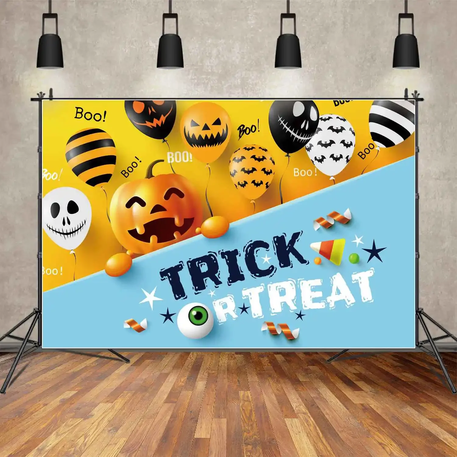 MOON.QG fondale dolcetto o scherzetto Banner di Halloween oro blu Boo sfondo della parete del partito personalizzato palloncino nastro Candy Photo Booth