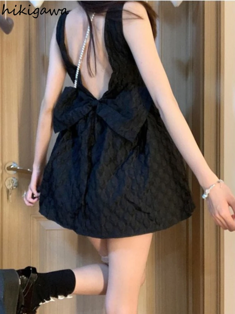 Vestido de bandagem feminino com laço, preto, túnica sem mangas, colarinho quadrado, linha A, vestidos sexy, 7n927, verão, 2022