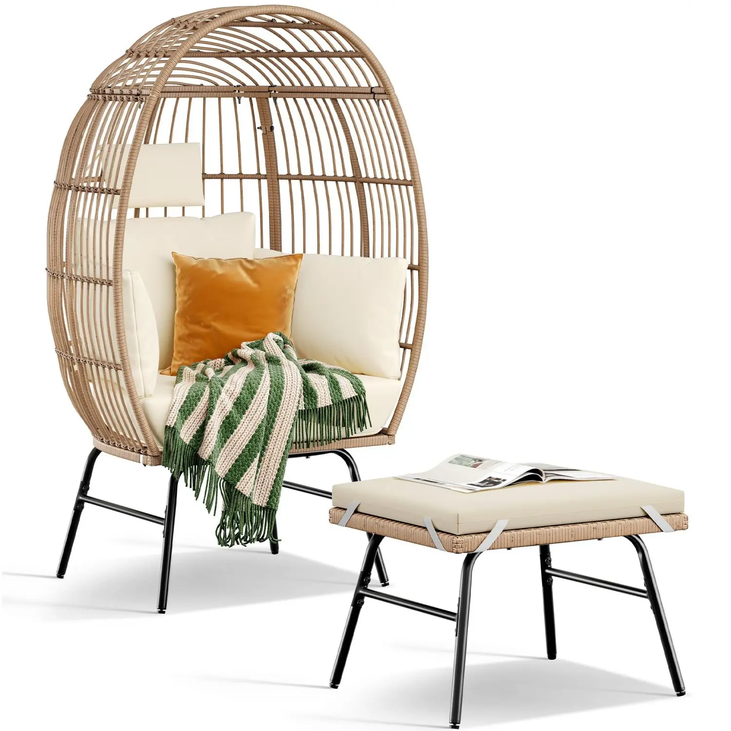 

Outdoor Garden Wicker Egg Chair with Footstool, Patio Chaise, Cushions, Indoor Outdoor Basket Chair