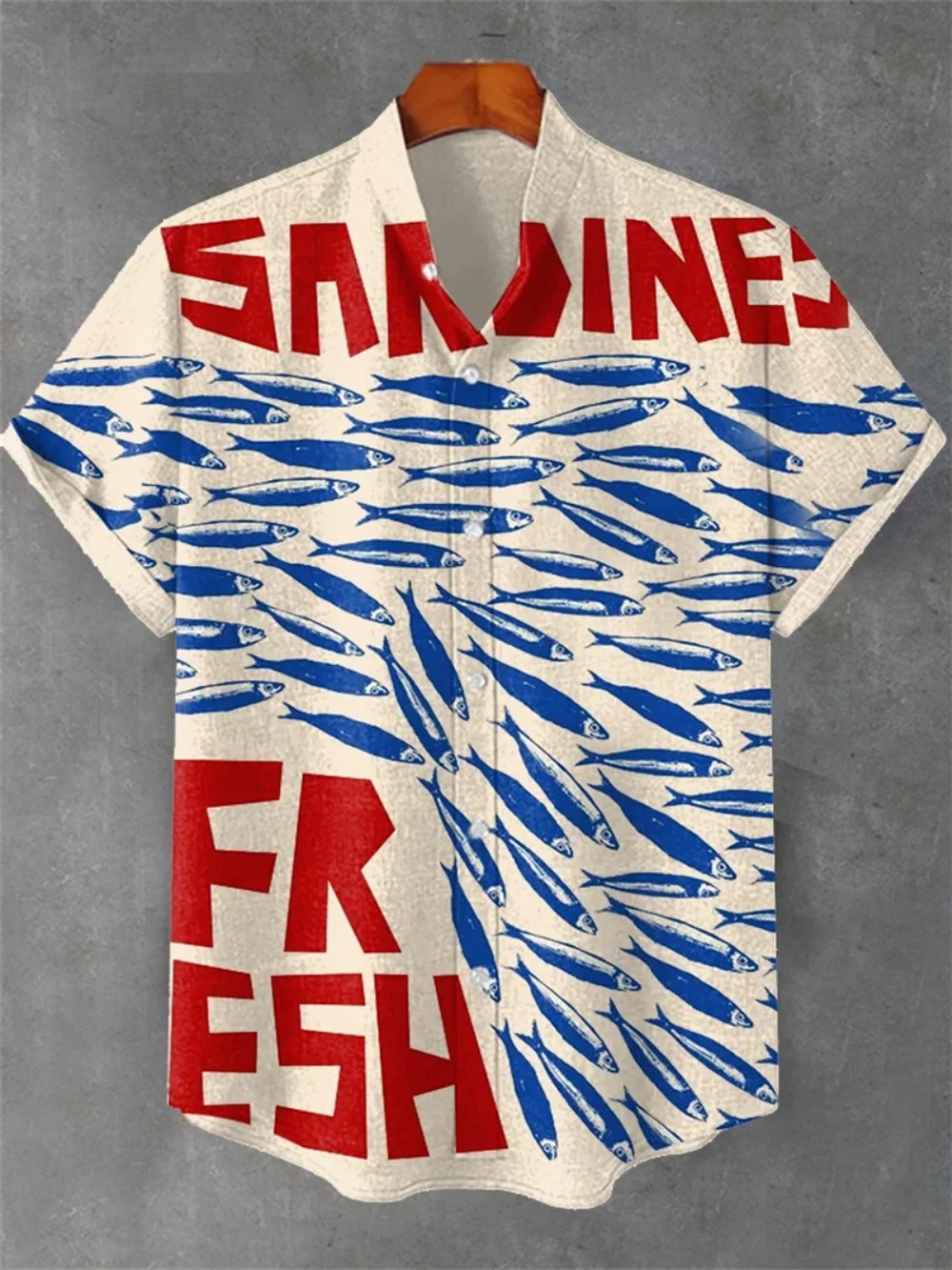 

Men's Summer Fashion Fish Print Short Sleeve Shirt Casual Hawaiian Vacation Stand up Collar Linen Top for Men