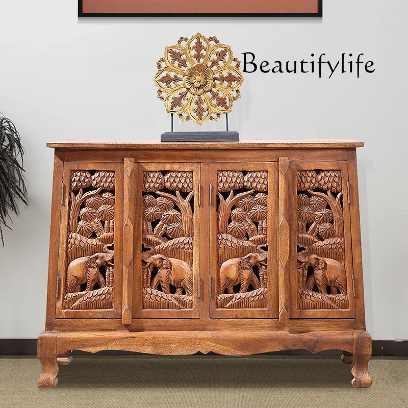 Solid wood carving flower entrance cabinet South East Asia style Chinese Zen living room decorative cabinet