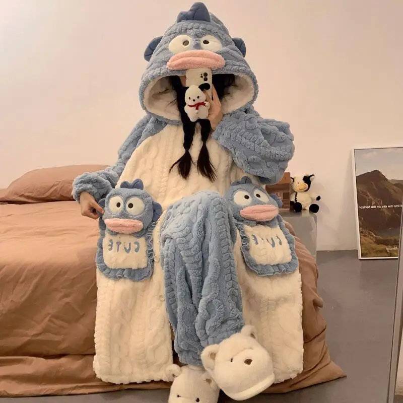 

Student Cute Kitten Hooded Nightgown 2Pcs Usagi Chiikawa Women's Autumn Winter Anime Cartoon Thick Warm Fashion Home Clothing