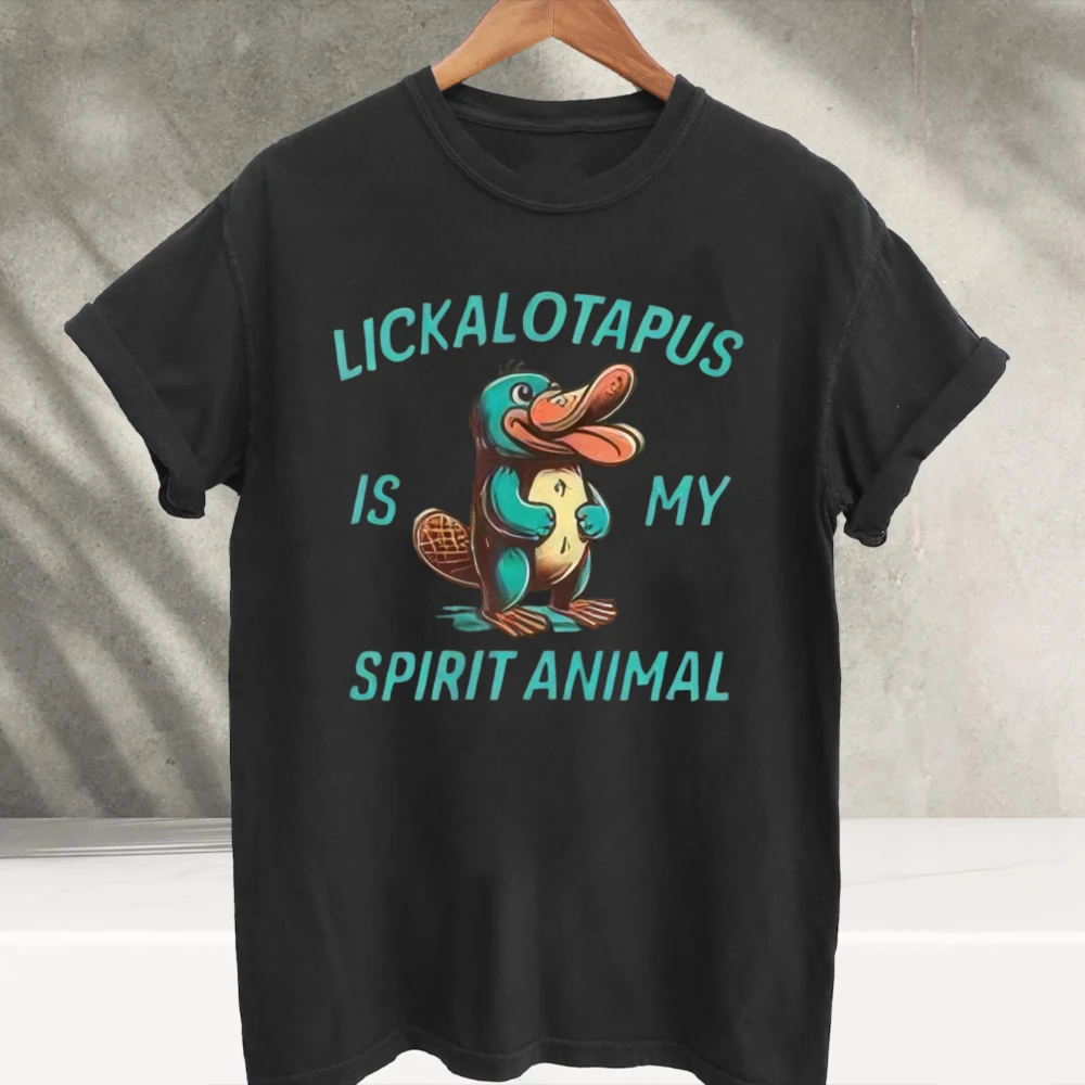 Lickalotapus Is My Spirit Animal Funny Platypus Graphic T‑Shirt Crew Neck Cute Cartoon Platypus Text Print Cotton Casual Tops