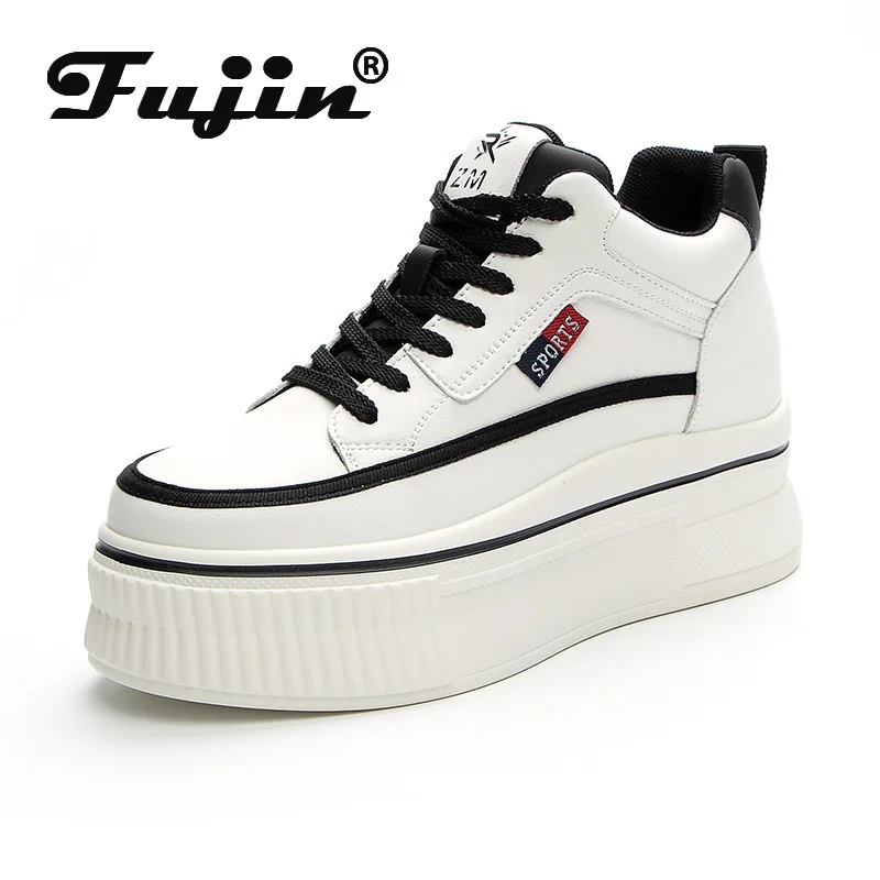 Fujin 8.8cm Platform Wedge Sneakers Chunky Genuine Leather Women For Autumn Autumn Breathable White Shoes Vulcanized For Summer