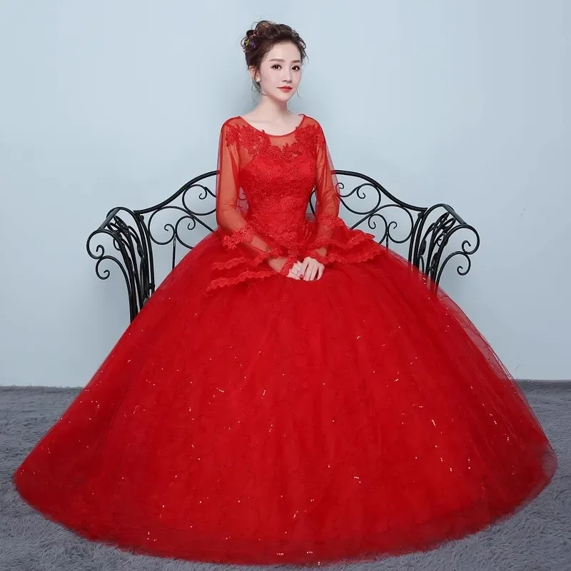 Cheap Red Wedding Dresses Appliques O-neck Full Sleeves Sequins Princess Plus size Lace up Floor length Bride Ball Gowns XN107