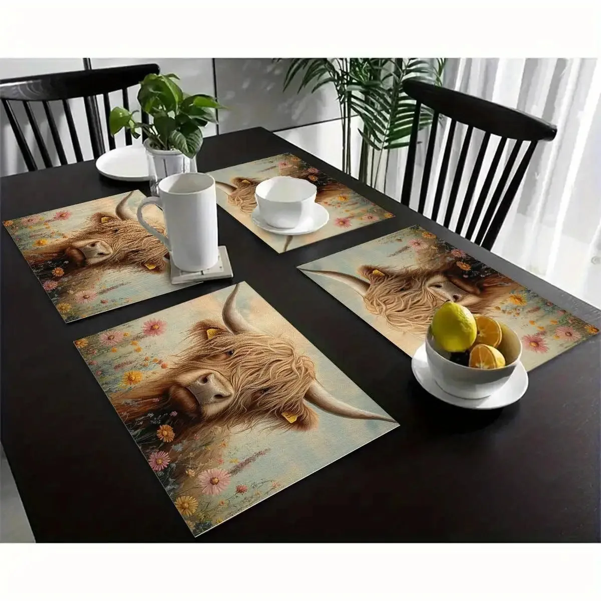 30x45cm 4pcs Highland Cattle Landscape Placemat Waterproof Oil Resistant Rustic Picnic Mat American Country Style Tablecloth