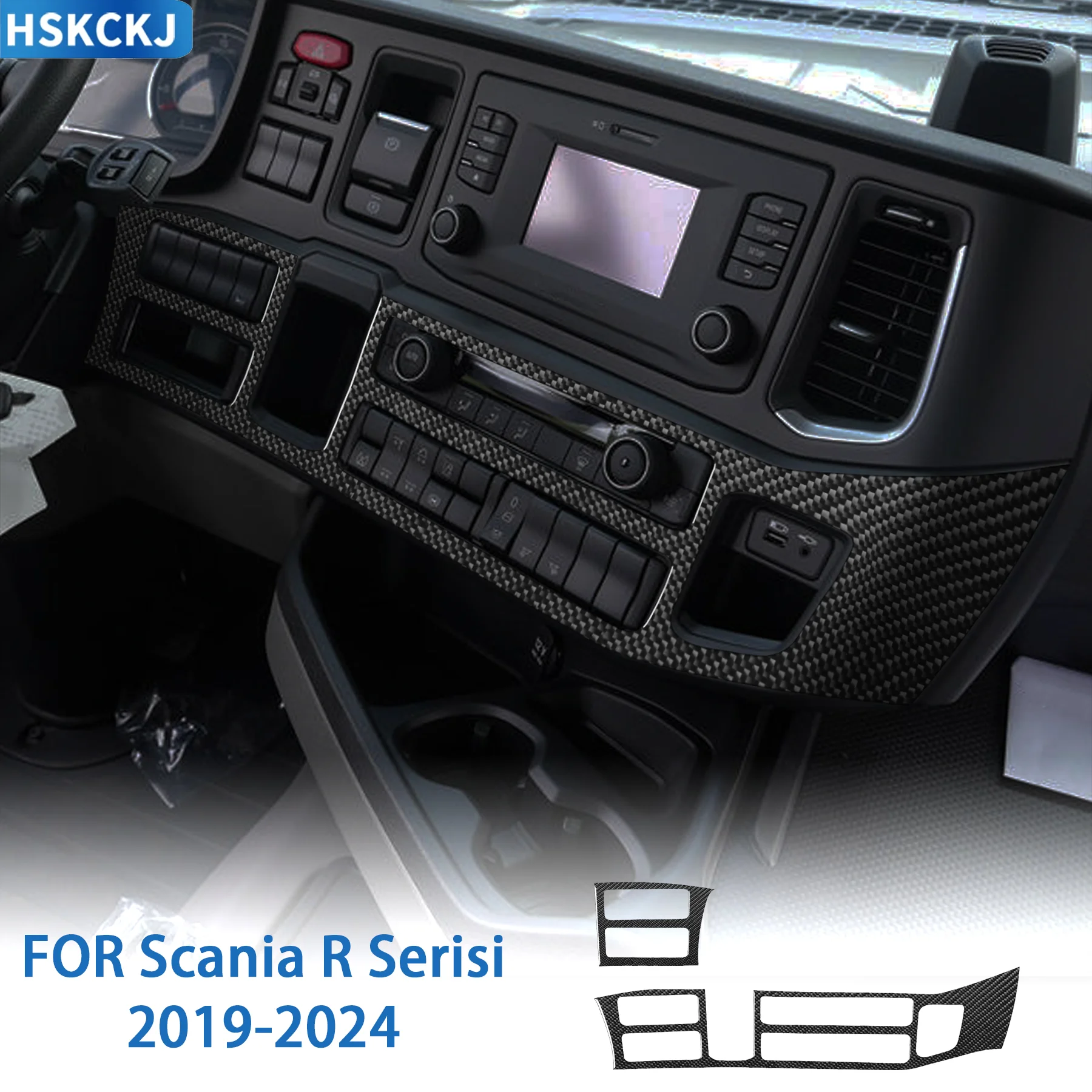 For Scania R Series 2019-2024 Black Carbon Fiber Center Console Radio Air Control Panel Trim Set Car Interior Decor Stickers