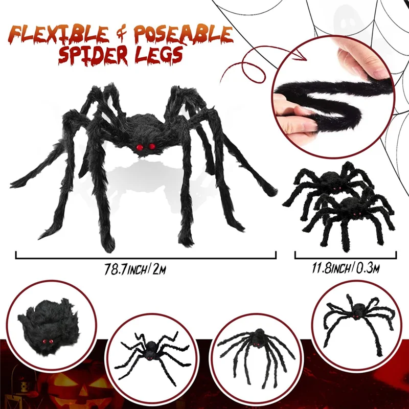 ABLK Decoraciones de Halloween Arañas peludas, 3 paquetes de araña gigante Decoración de Halloween falsa para patio interior al aire libre