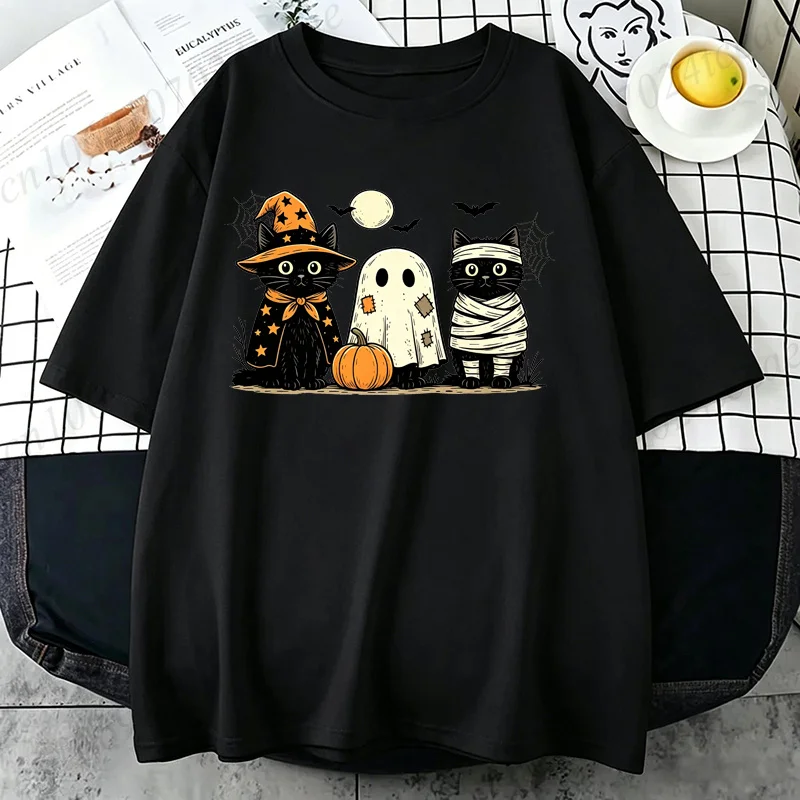 Schwarze Katze Kürbis T-Shirt Ghots Gothic Herbst Katzen T-Shirt Halloween Grusel-Saison T-Shirt Horror Party T-Shirts Unisex Kurzarm – Detail 6