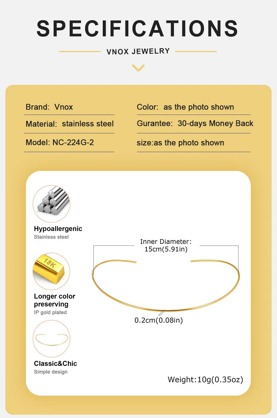 Vnox 18K vergoldete Choker-Halskette für Damen, Edelstahl, goldfarbene Halskette, minimalistischer Lagenlook, Alltagsschmuck im Y2K-Stil – Detail 6