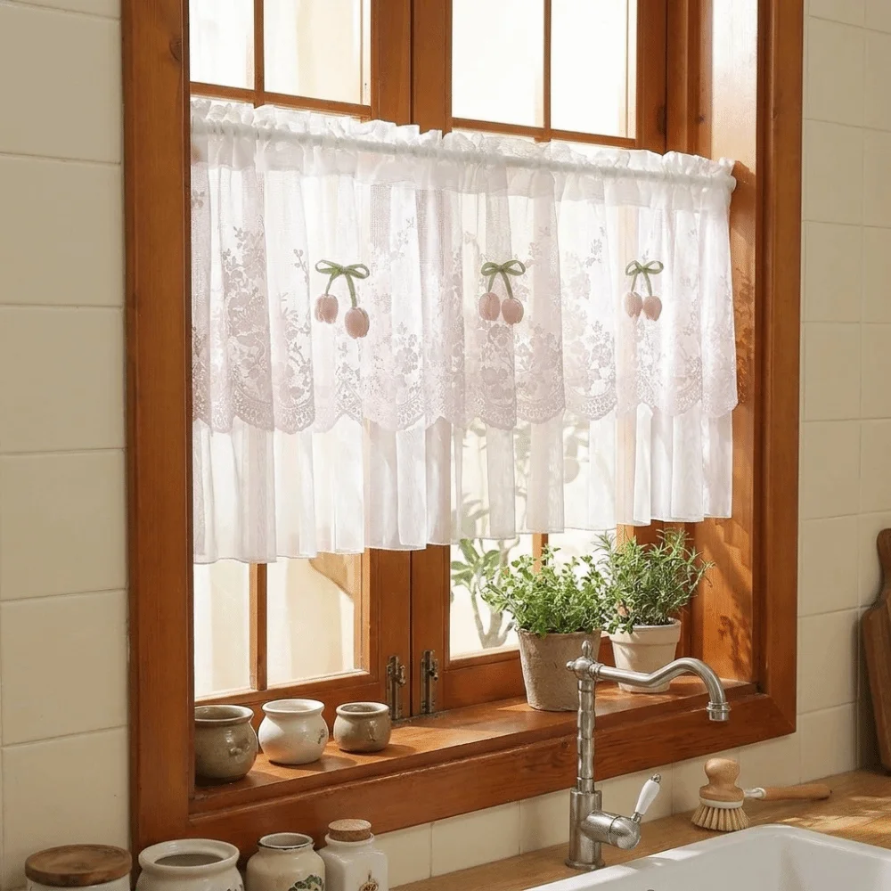 Pastoral Style Floral Lace Curtains Lace Trim Sheer Voile Cafe Curtains Dust-Proof Light Blocking Room Partition Curtain