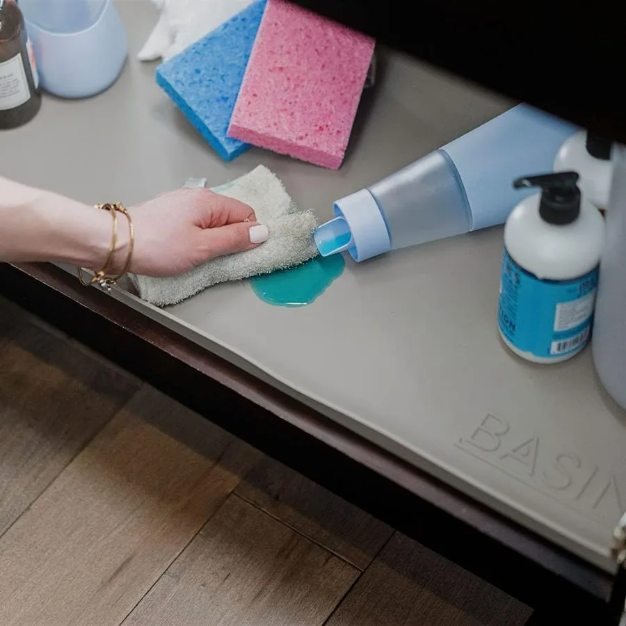 Tapete sob pia resistente para armazenamento de armário de cozinha, bandeja original de silicone sob pia com superfície antiderrapante e à prova d'água