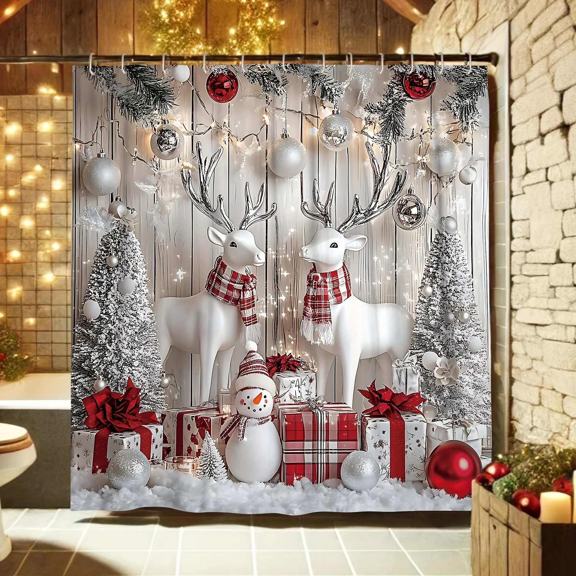 

"Festive Reindeer & Snowman Shower Curtain - Winter Wonderland Scene, Gifts & Holiday Decor for Cozy Bathroom Design"