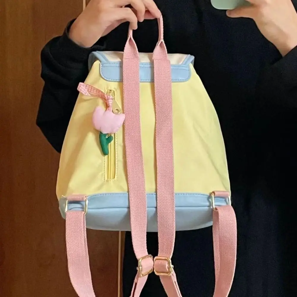 Tas Ransel Gaya Korea dengan Tali Serut, Motif Bunga Kreatif, Kapasitas Besar, Motif Garis, Tas Sekolah untuk Siswa, Tas Sekolah Kartun PU untuk Anak Perempuan