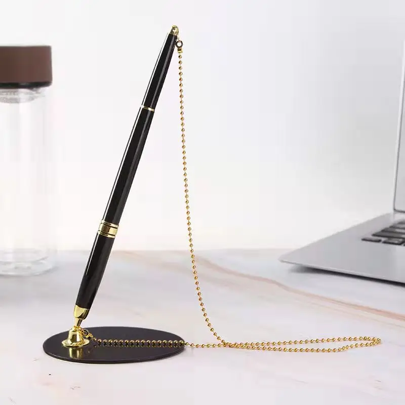 1Pcs Classic Metal Ballpoint Pen Secure Chain Attached Base Stand Desk Office Counter Signature Pens Stationery Gift