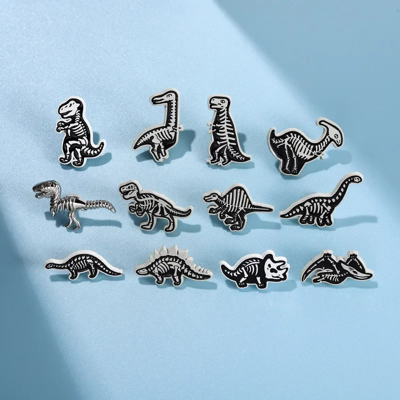 12 Pcs Punk Style Skull Dinosaur Brooch Cartoon Exquisite Metal Badge Pins for Backpacks Jewelry Gift