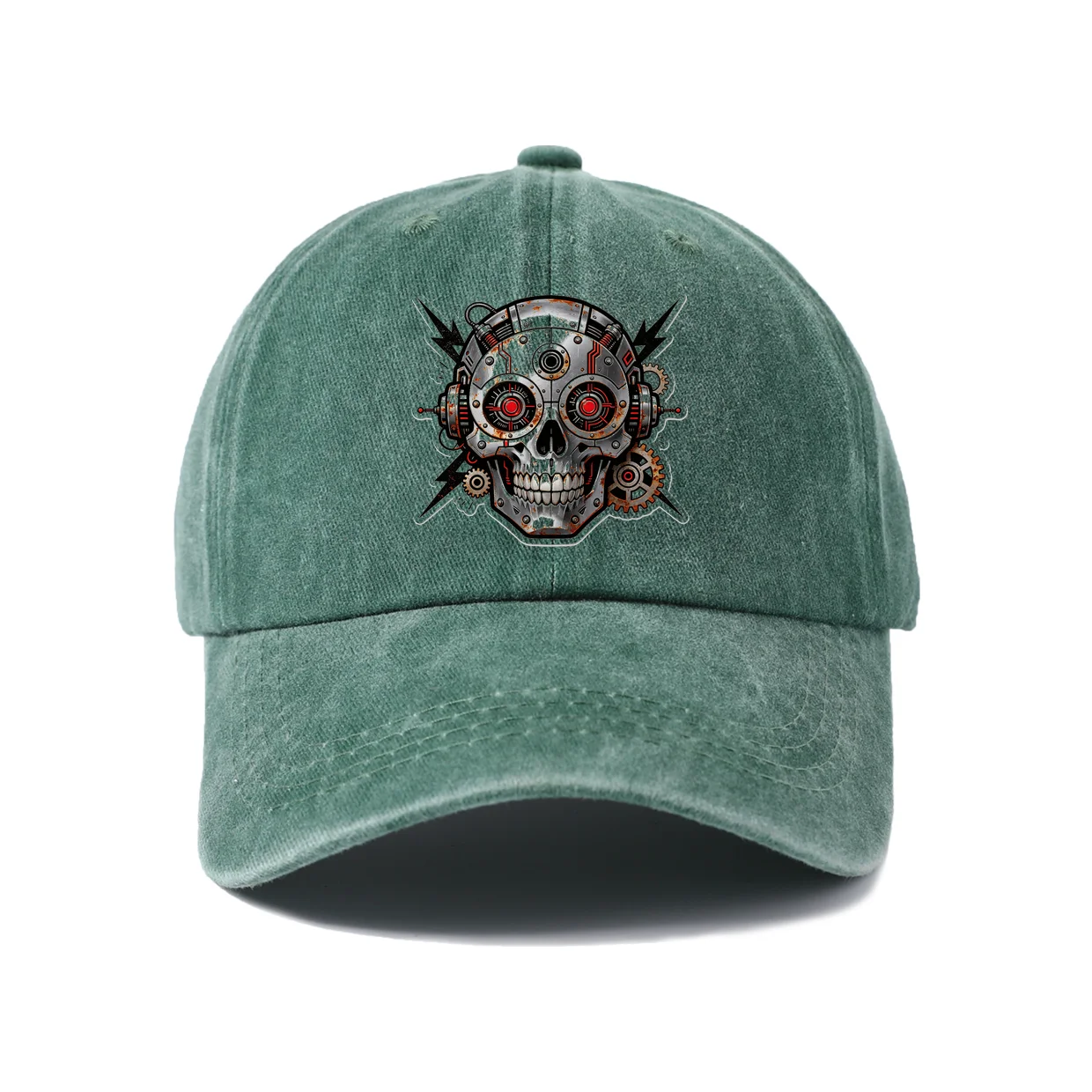 Mechanical Skull Graphic Baseball Cap, Vintage Washed Adjustable Unisex Dad Hat, Streetwear Gift
