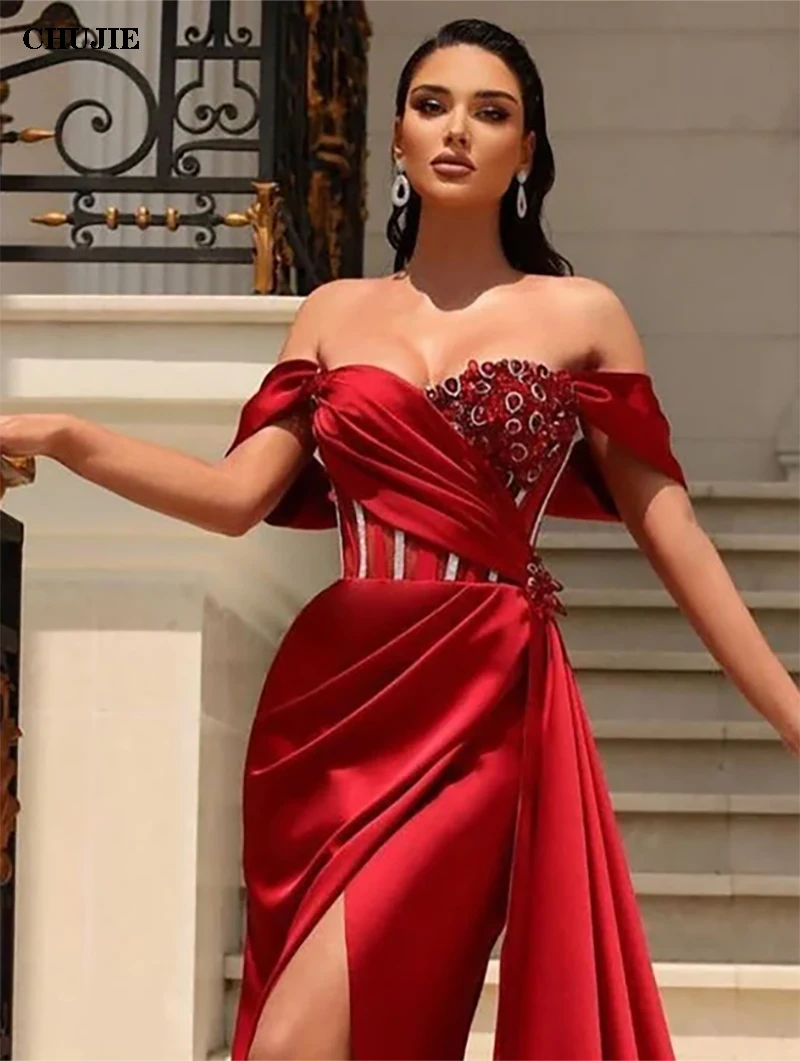 Elegant Luxury Evening Dress for Wedding Party Ball Gown Off Shoulder Satin Beaded Side Split Pleats Arabic Dubai Red Prom Gowns