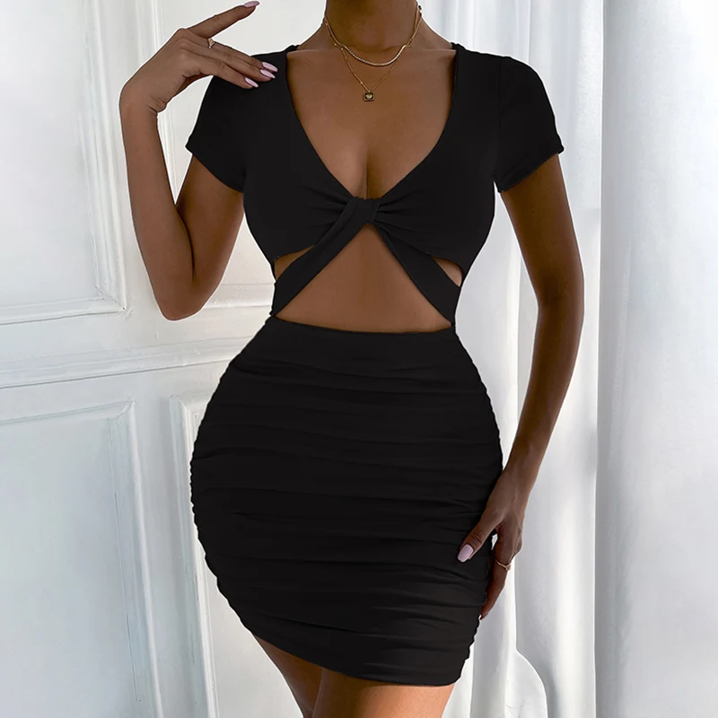 

Dresses For Women 2022 Sexy Deep V Neck Short Sleeve Tank Bodycon Dress Female Solid Color Bandage Party Club Elegant Mini Dress