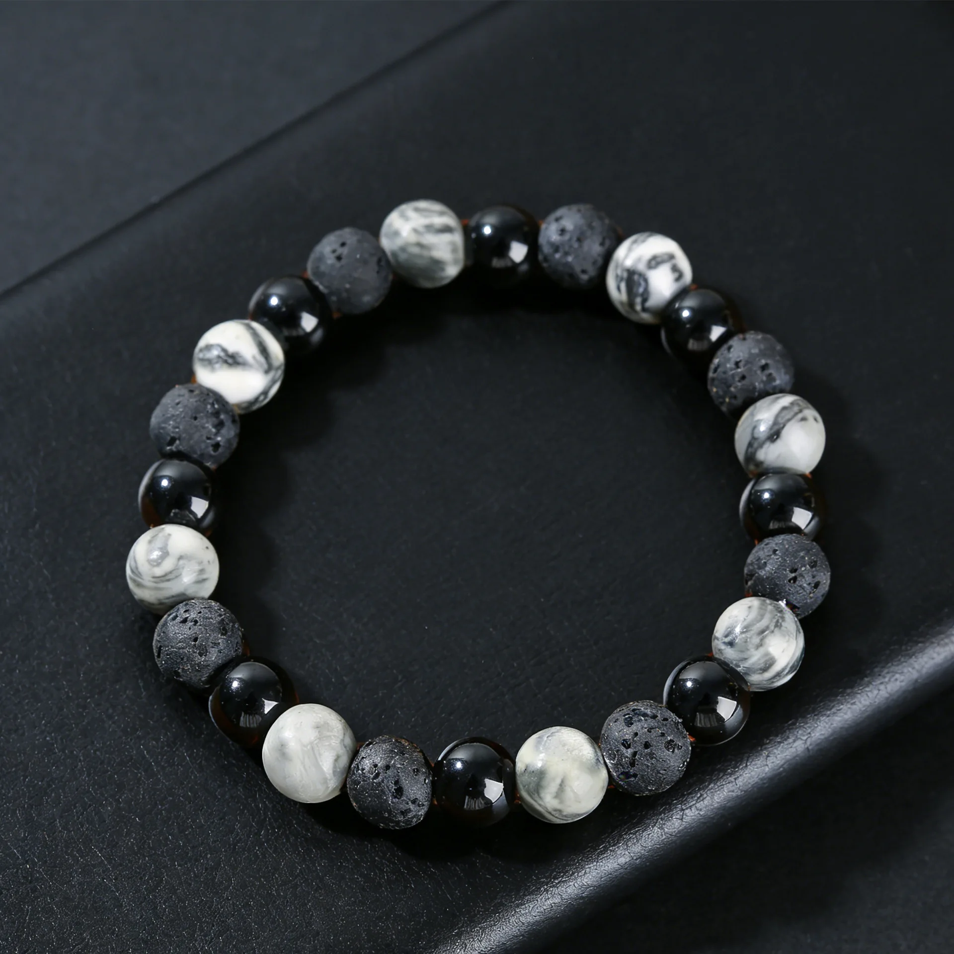 Chinese Style Lucky Healing Bracelet 8mm Natural Hematite Map Stone Lava Rock Beaded Stretch Bracelet For Men Women Good Fortune